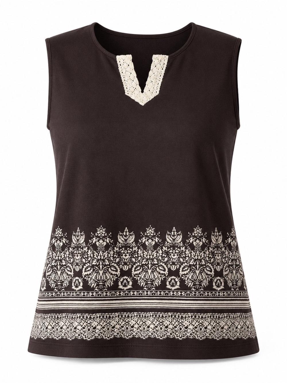 Brown Tank Top with Cream Crochet V-Notch and Border Print — Women